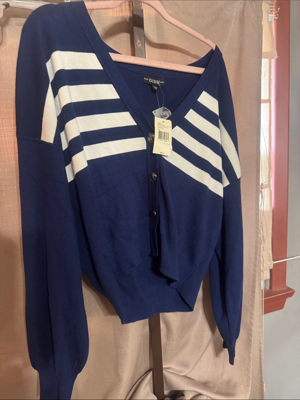 GUESS Navy and White Striped V-Neck Cardigan